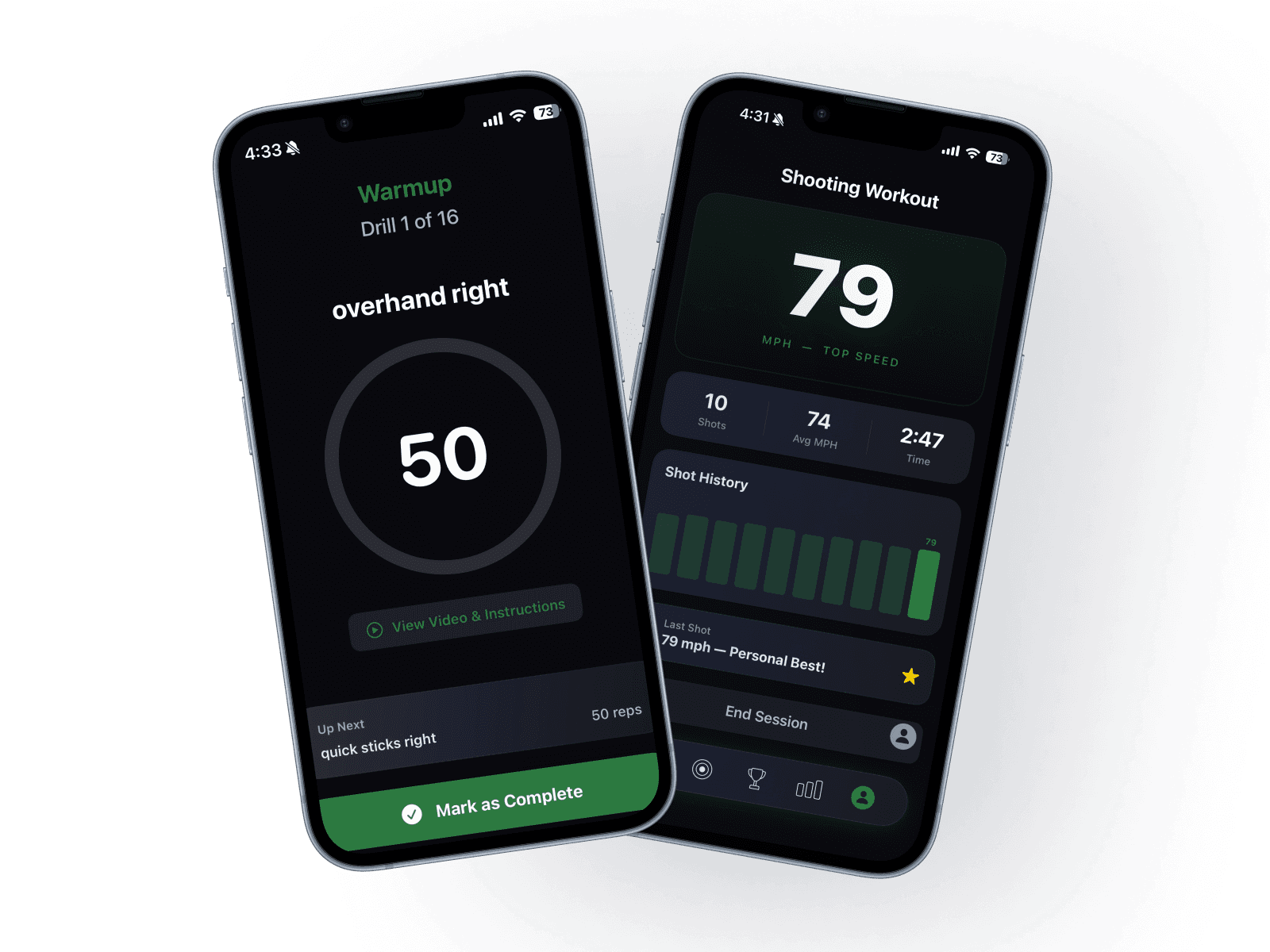 PlayFast Motion app showing shot speed and training stats